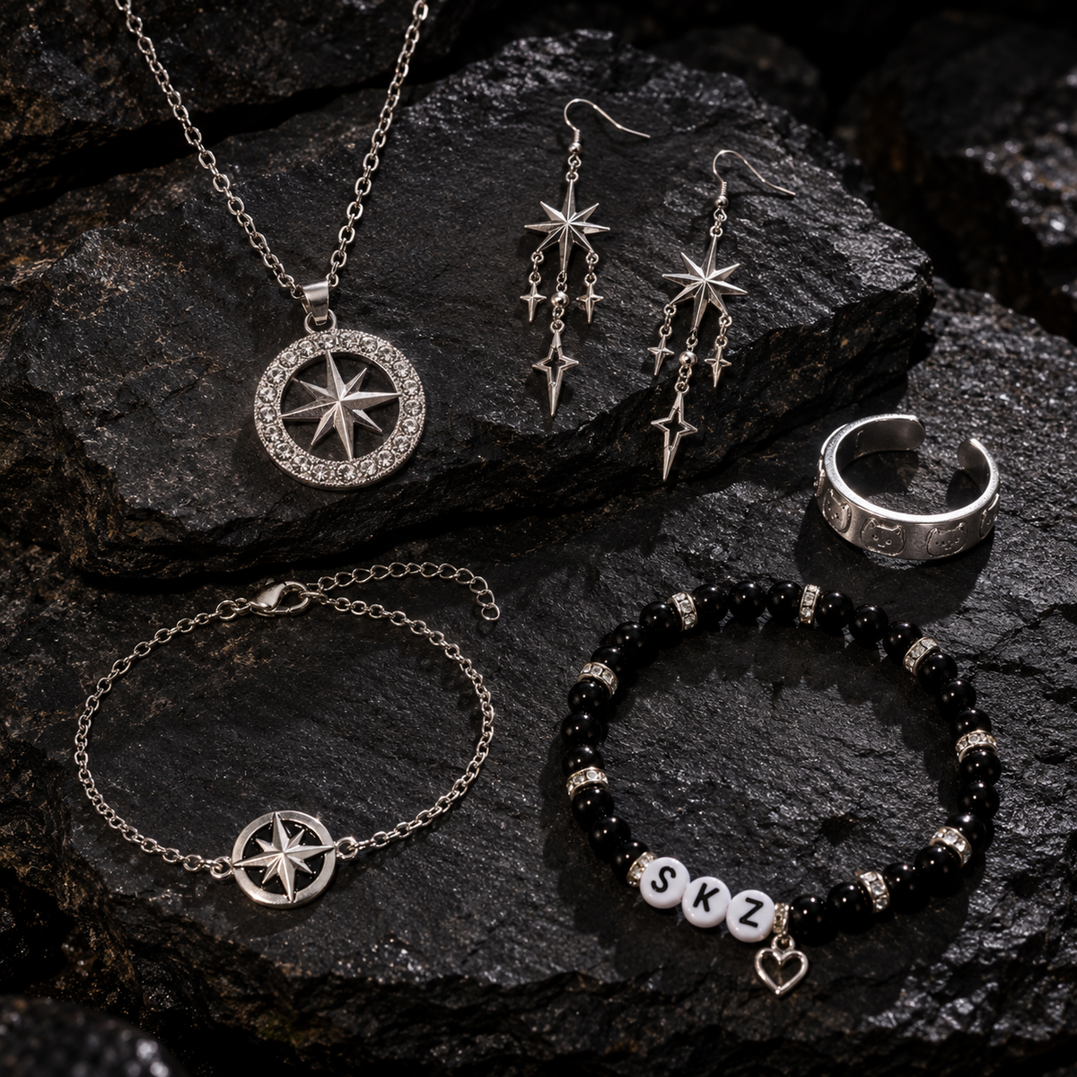 Stray Kids jewelry set, Lovez Aqua, Felix, Hyunjin, Bang Chan, Lee Know, SKZ compass necklace, Stray Kids accessories, STAY fandom jewelry, Nachimbong inspired jewelry, Kpop concert accessories, Stray Kids gift, compass star earrings, adjustable Kpop ring, SKZ beaded bracelet, silver compass bracelet, Korean idol fashion, 5 piece jewelry set, Broken Compass inspired, Kpop fan meeting outfit, Stray Kids birthday gift, silver star jewelry, Kpop streetwear accessories, STAY friendship jewelry