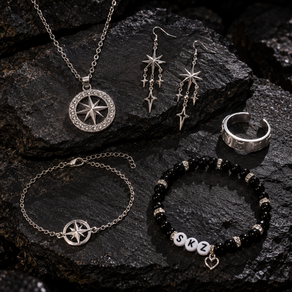 Stray Kids jewelry set, Lovez Aqua, Felix, Hyunjin, Bang Chan, Lee Know, SKZ compass necklace, Stray Kids accessories, STAY fandom jewelry, Nachimbong inspired jewelry, Kpop concert accessories, Stray Kids gift, compass star earrings, adjustable Kpop ring, SKZ beaded bracelet, silver compass bracelet, Korean idol fashion, 5 piece jewelry set, Broken Compass inspired, Kpop fan meeting outfit, Stray Kids birthday gift, silver star jewelry, Kpop streetwear accessories, STAY friendship jewelry