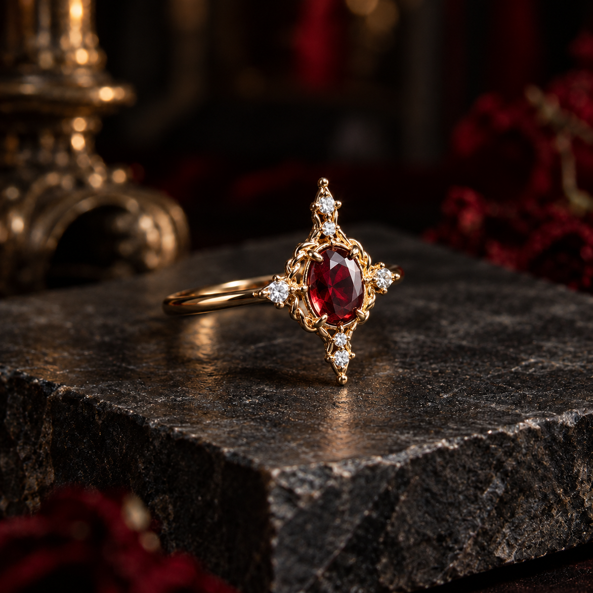Women's Victorian Red Zircon Cocktail Ring | Gold-Tone 925 Sterling Silver