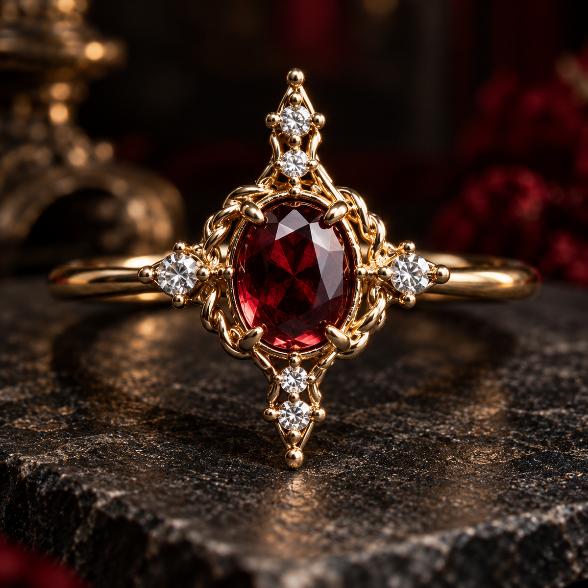 Victorian Red Zircon Cocktail Ring  Gold-Tone 925 Sterling Silver