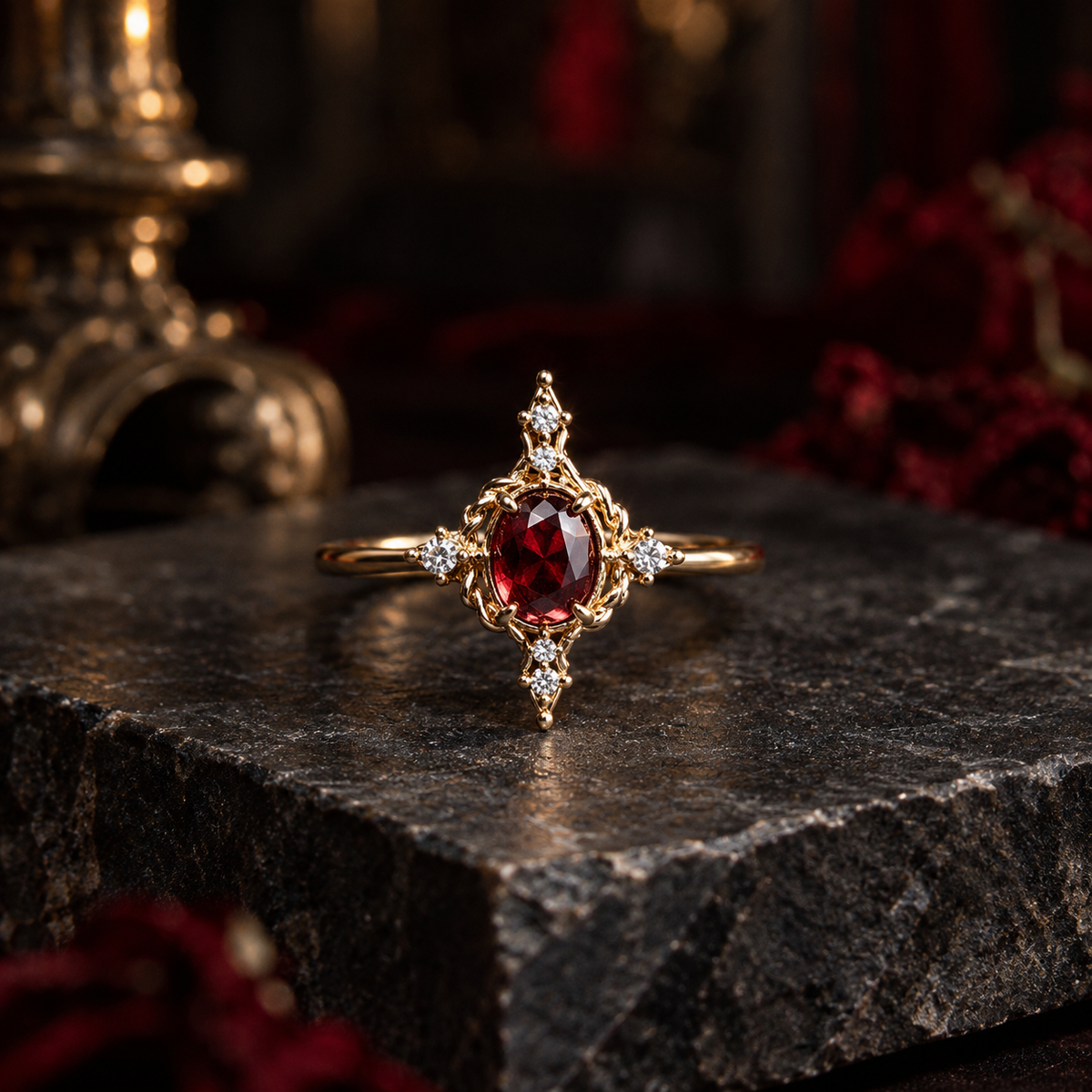 Victorian Red Zircon Cocktail Ring  Gold-Tone 925 Sterling Silver