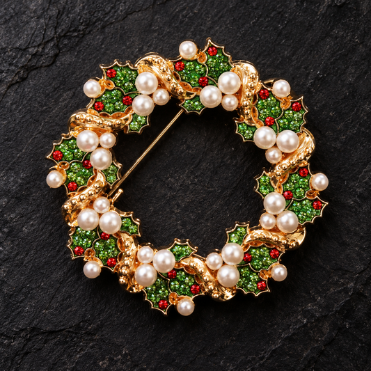 A gold-tone holly wreath brooch decorated with green crystal leaves, white faux pearls, and small red crystal accents, displayed on a dark textured slate background.
