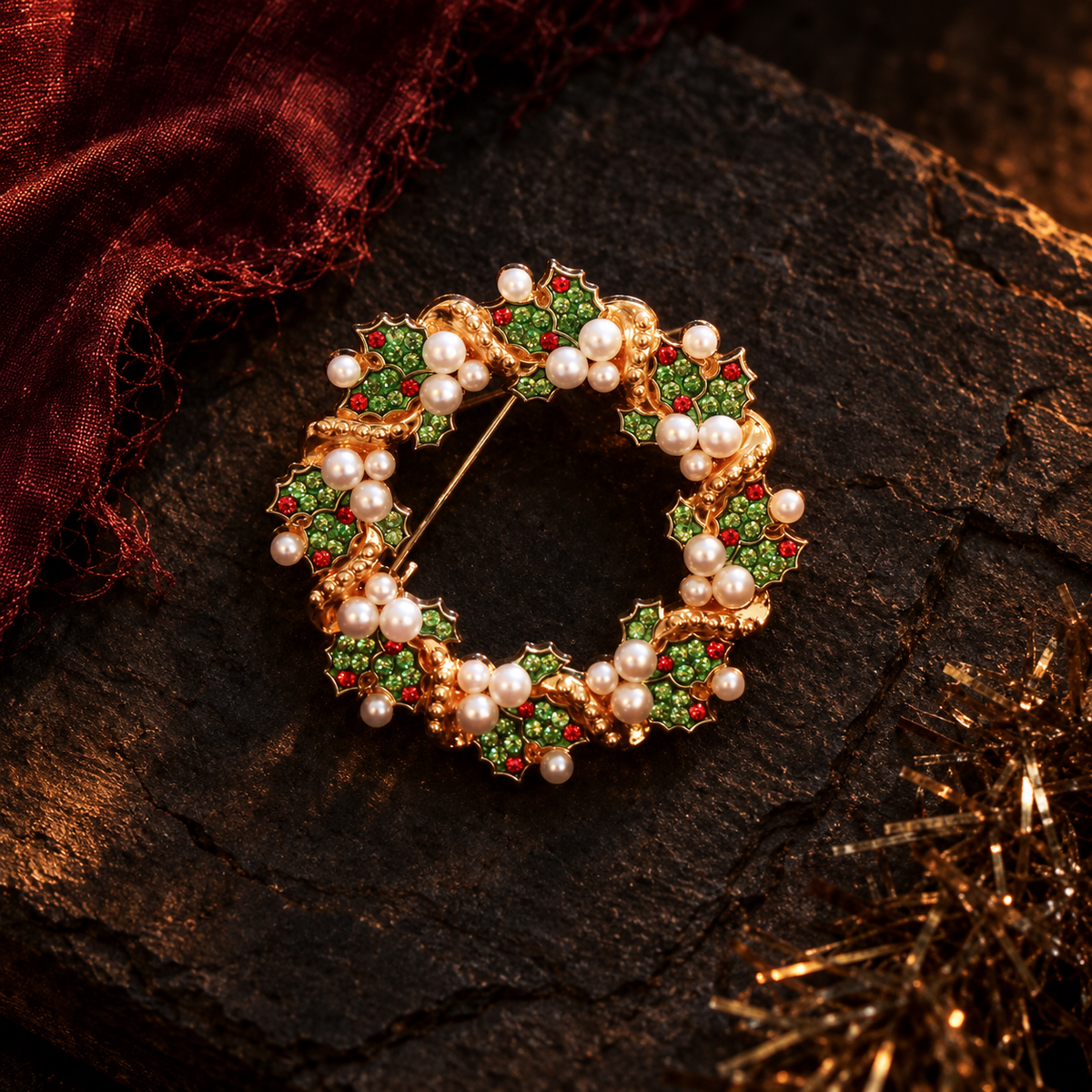 A gold-tone Christmas wreath brooch decorated with green and red crystal leaves and white faux pearls, displayed on a dark textured surface with a burgundy fabric accent.