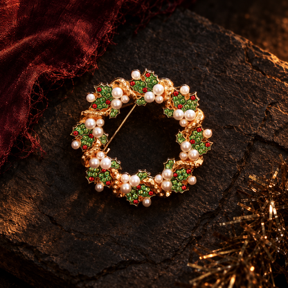 A gold-tone Christmas wreath brooch decorated with green and red crystal leaves and white faux pearls, displayed on a dark textured surface with a burgundy fabric accent.