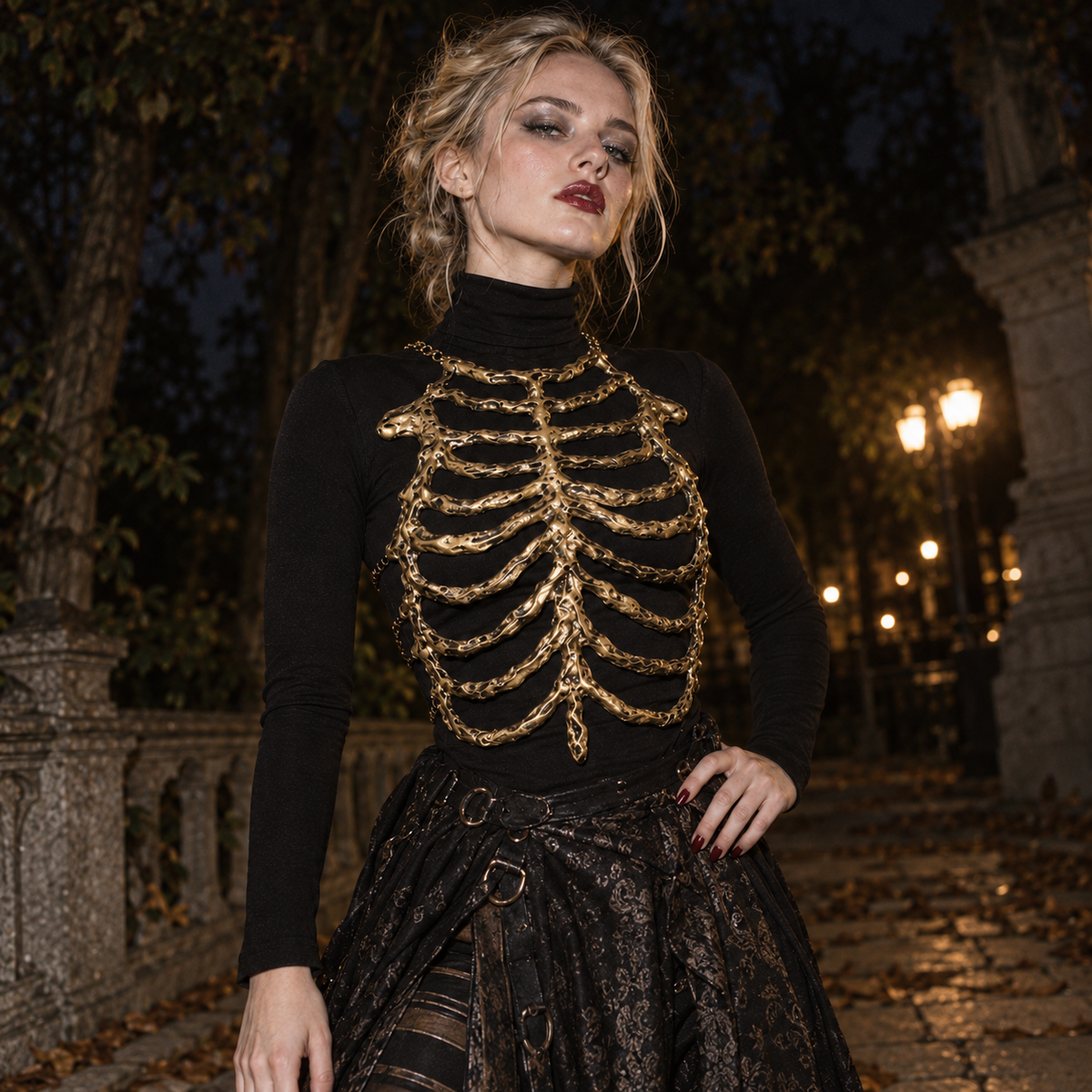 gold skeleton harness, skeleton rib cage chest piece, gothic chest armor, bone corset women, ribcage harness, skeleton costume accessory, gothic body harness, gold bone armor, Halloween skeleton outfit, undead costume accessory, gothic skeletal fashion, rib cage corset, horror fashion accessory, gold chest harness, skeleton body armor, dark fantasy costume, gothic Halloween clothing, skeletal chest piece