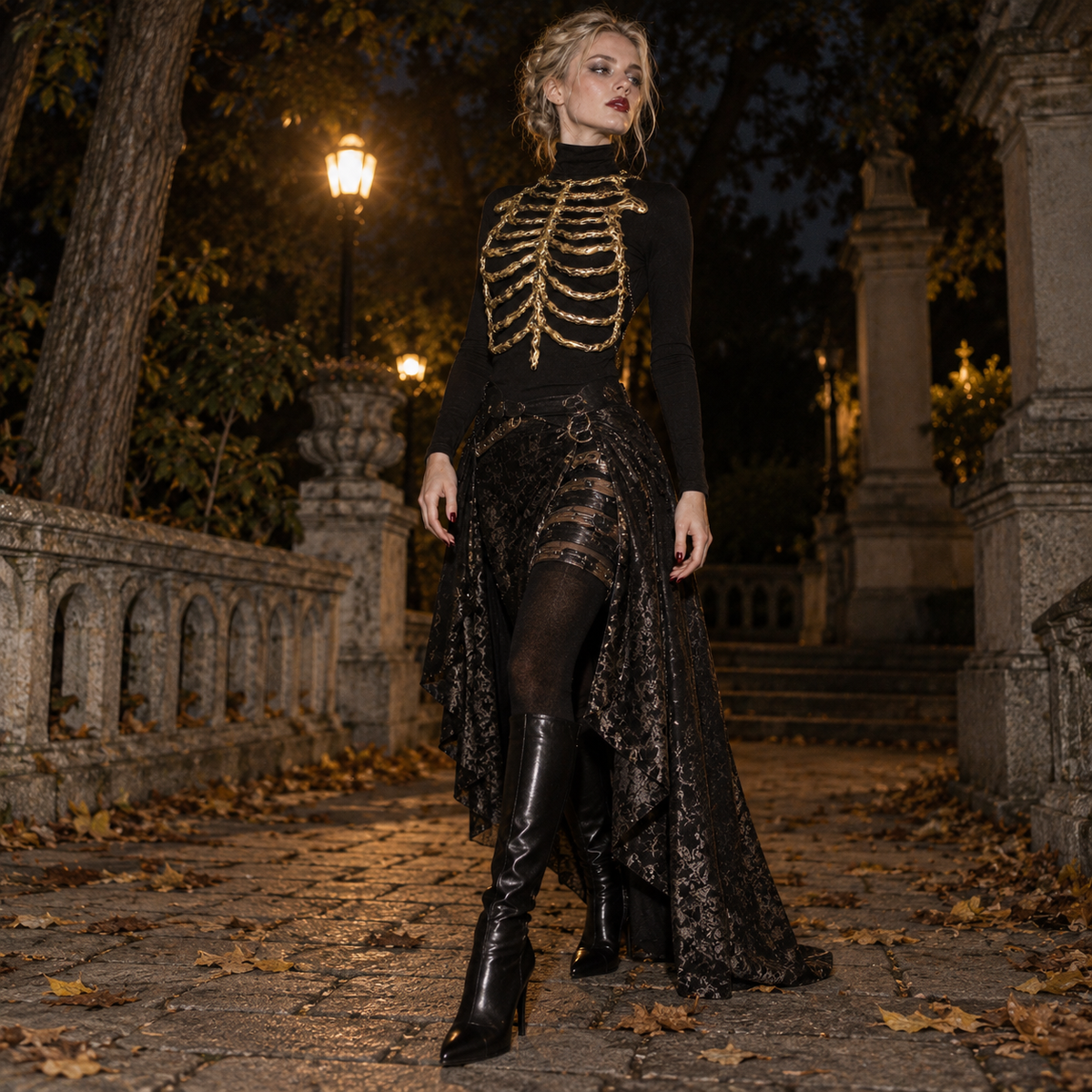 gold skeleton harness, skeleton rib cage chest piece, gothic chest armor, bone corset women, ribcage harness, skeleton costume accessory, gothic body harness, gold bone armor, Halloween skeleton outfit, undead costume accessory, gothic skeletal fashion, rib cage corset, horror fashion accessory, gold chest harness, skeleton body armor, dark fantasy costume, gothic Halloween clothing, skeletal chest piece