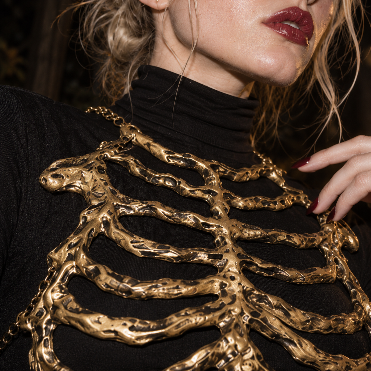 gold skeleton harness, skeleton rib cage chest piece, gothic chest armor, bone corset women, ribcage harness, skeleton costume accessory, gothic body harness, gold bone armor, Halloween skeleton outfit, undead costume accessory, gothic skeletal fashion, rib cage corset, horror fashion accessory, gold chest harness, skeleton body armor, dark fantasy costume, gothic Halloween clothing, skeletal chest piece