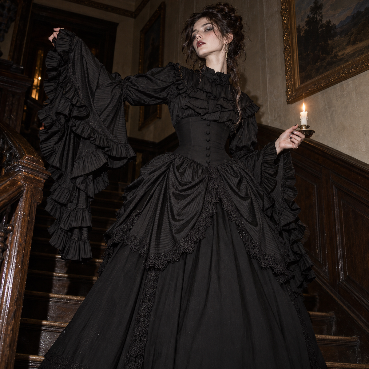 Victorian Gothic Lolita outfit women, corset waist ruffle blouse, aristocratic Lolita fashion set, long Gothic skirt and blouse, white Victorian Lolita clothing, black dark romantic outfit, bell sleeve Gothic blouse women, high neck ruffle blouse set, Gothic heroine fashion, vintage inspired two piece outfit, theatrical Victorian clothing women, alternative formal Gothic set, layered ruffle Lolita outfit, romantic Gothic wardrobe