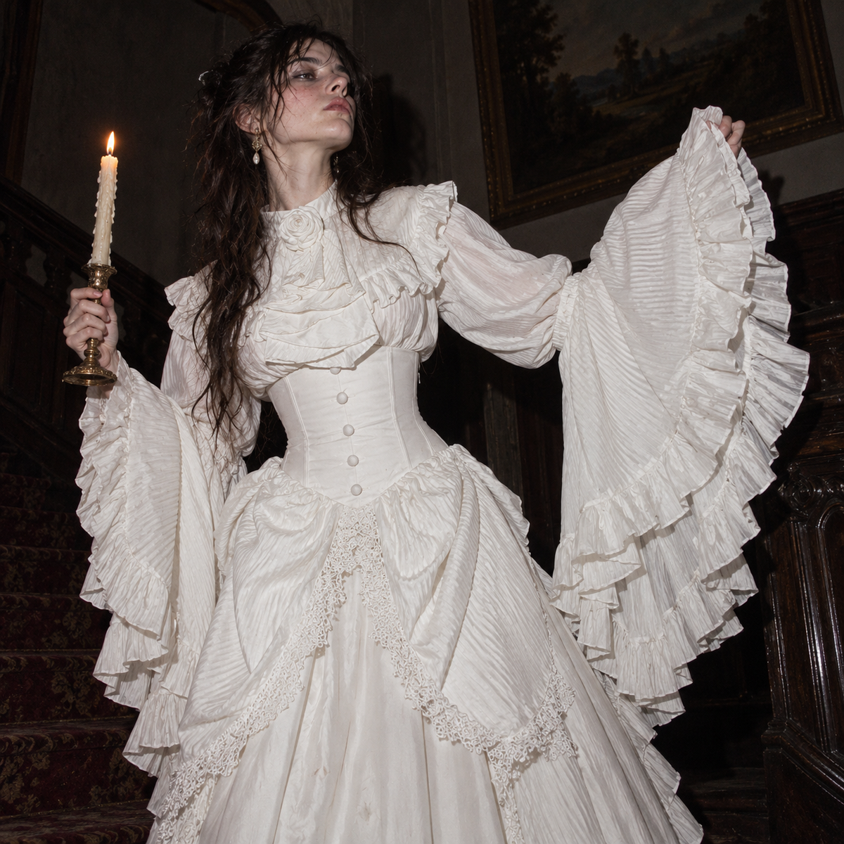 Victorian Gothic Lolita outfit women, corset waist ruffle blouse, aristocratic Lolita fashion set, long Gothic skirt and blouse, white Victorian Lolita clothing, black dark romantic outfit, bell sleeve Gothic blouse women, high neck ruffle blouse set, Gothic heroine fashion, vintage inspired two piece outfit, theatrical Victorian clothing women, alternative formal Gothic set, layered ruffle Lolita outfit, romantic Gothic wardrobe