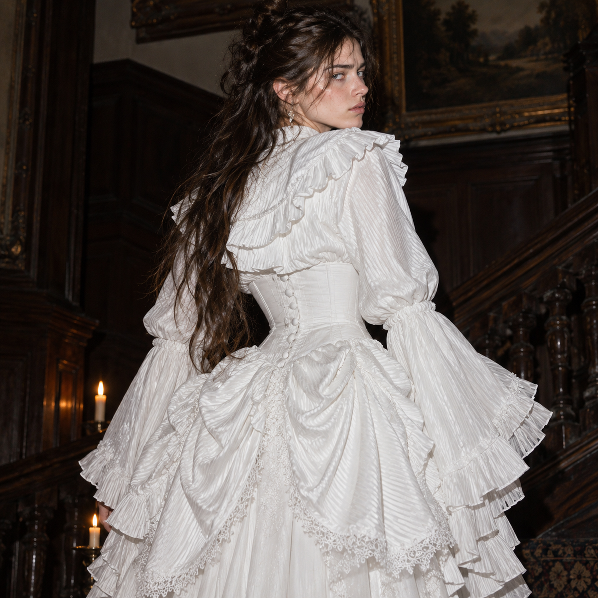 Victorian Gothic Lolita outfit women, corset waist ruffle blouse, aristocratic Lolita fashion set, long Gothic skirt and blouse, white Victorian Lolita clothing, black dark romantic outfit, bell sleeve Gothic blouse women, high neck ruffle blouse set, Gothic heroine fashion, vintage inspired two piece outfit, theatrical Victorian clothing women, alternative formal Gothic set, layered ruffle Lolita outfit, romantic Gothic wardrobe