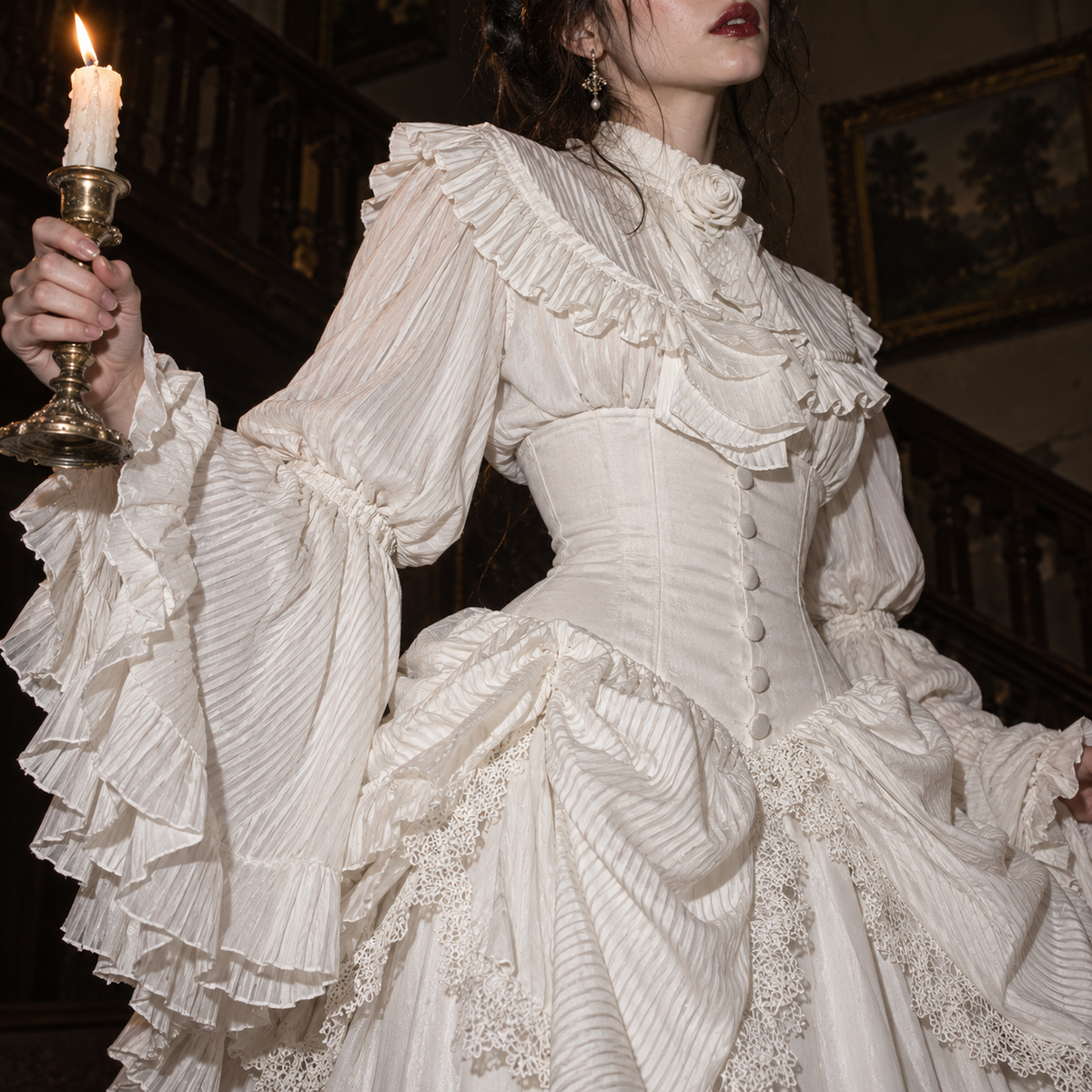 Victorian Gothic Lolita outfit women, corset waist ruffle blouse, aristocratic Lolita fashion set, long Gothic skirt and blouse, white Victorian Lolita clothing, black dark romantic outfit, bell sleeve Gothic blouse women, high neck ruffle blouse set, Gothic heroine fashion, vintage inspired two piece outfit, theatrical Victorian clothing women, alternative formal Gothic set, layered ruffle Lolita outfit, romantic Gothic wardrobe