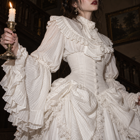 Victorian Gothic Lolita outfit women, corset waist ruffle blouse, aristocratic Lolita fashion set, long Gothic skirt and blouse, white Victorian Lolita clothing, black dark romantic outfit, bell sleeve Gothic blouse women, high neck ruffle blouse set, Gothic heroine fashion, vintage inspired two piece outfit, theatrical Victorian clothing women, alternative formal Gothic set, layered ruffle Lolita outfit, romantic Gothic wardrobe