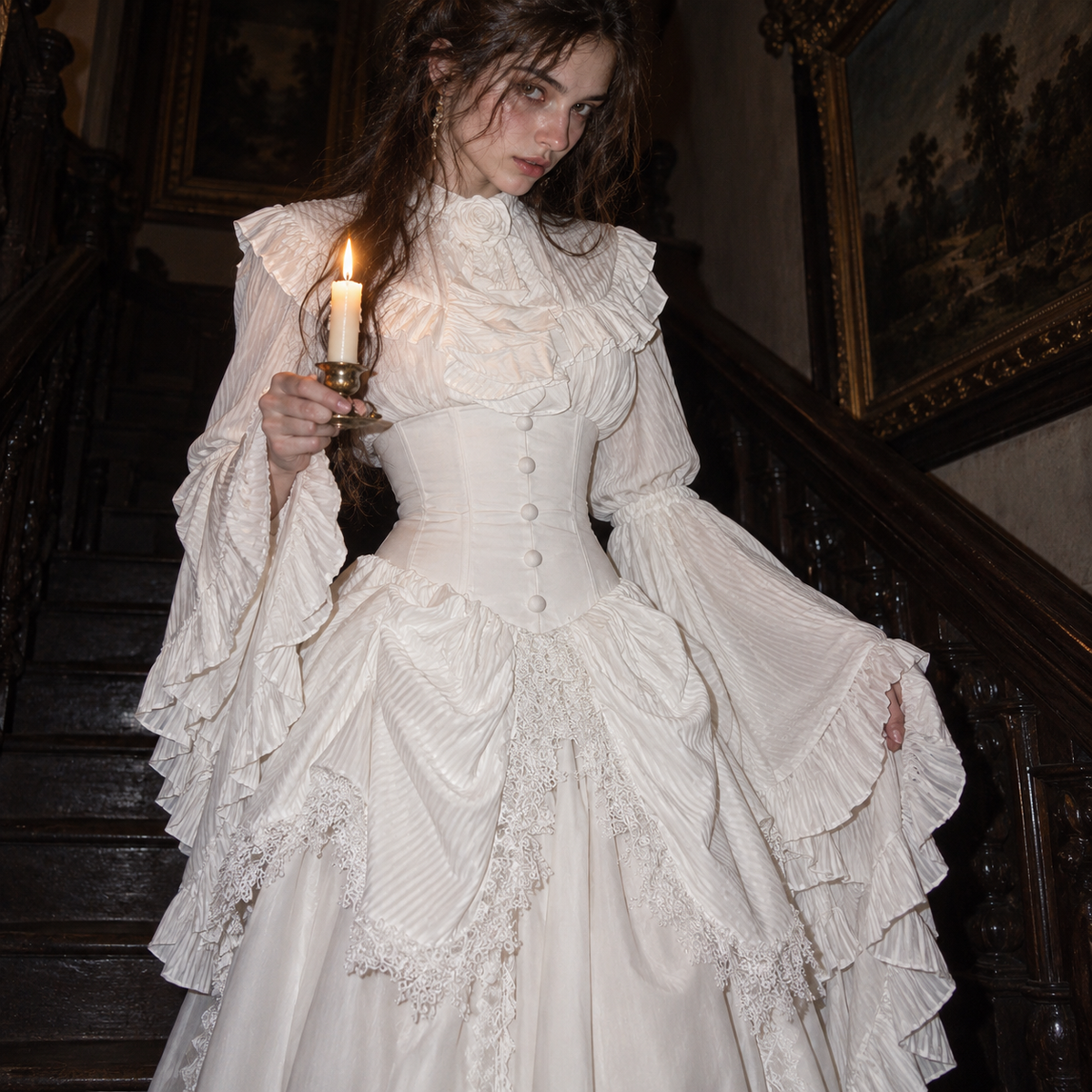 Victorian Gothic Lolita outfit women, corset waist ruffle blouse, aristocratic Lolita fashion set, long Gothic skirt and blouse, white Victorian Lolita clothing, black dark romantic outfit, bell sleeve Gothic blouse women, high neck ruffle blouse set, Gothic heroine fashion, vintage inspired two piece outfit, theatrical Victorian clothing women, alternative formal Gothic set, layered ruffle Lolita outfit, romantic Gothic wardrobe
