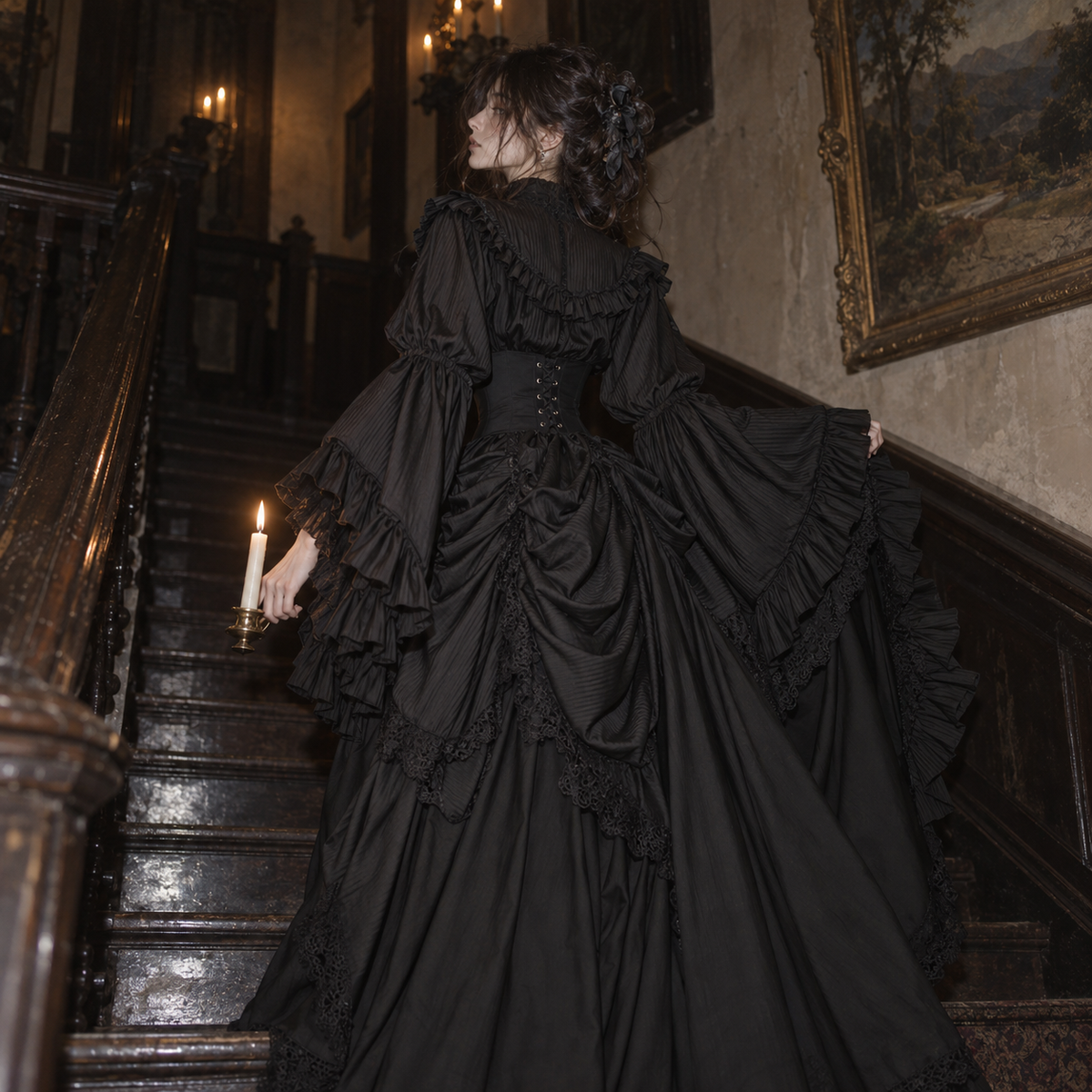 Victorian Gothic Lolita outfit women, corset waist ruffle blouse, aristocratic Lolita fashion set, long Gothic skirt and blouse, white Victorian Lolita clothing, black dark romantic outfit, bell sleeve Gothic blouse women, high neck ruffle blouse set, Gothic heroine fashion, vintage inspired two piece outfit, theatrical Victorian clothing women, alternative formal Gothic set, layered ruffle Lolita outfit, romantic Gothic wardrobe