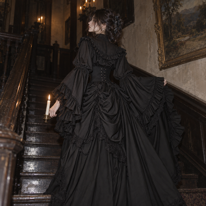 Victorian Gothic Lolita outfit women, corset waist ruffle blouse, aristocratic Lolita fashion set, long Gothic skirt and blouse, white Victorian Lolita clothing, black dark romantic outfit, bell sleeve Gothic blouse women, high neck ruffle blouse set, Gothic heroine fashion, vintage inspired two piece outfit, theatrical Victorian clothing women, alternative formal Gothic set, layered ruffle Lolita outfit, romantic Gothic wardrobe