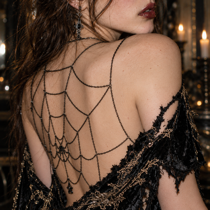 women’s spider web body chain, black Gothic chain harness, spiderweb back jewelry, body chain for backless dress, layered black body jewelry, Gothic chest chain women, alternative body harness jewelry, Halloween spider web chain, dark fashion body chain, black shoulder chain jewelry, Gothic back chain necklace, festival chain harness women, spider web jewelry women, draped body chain accessory
