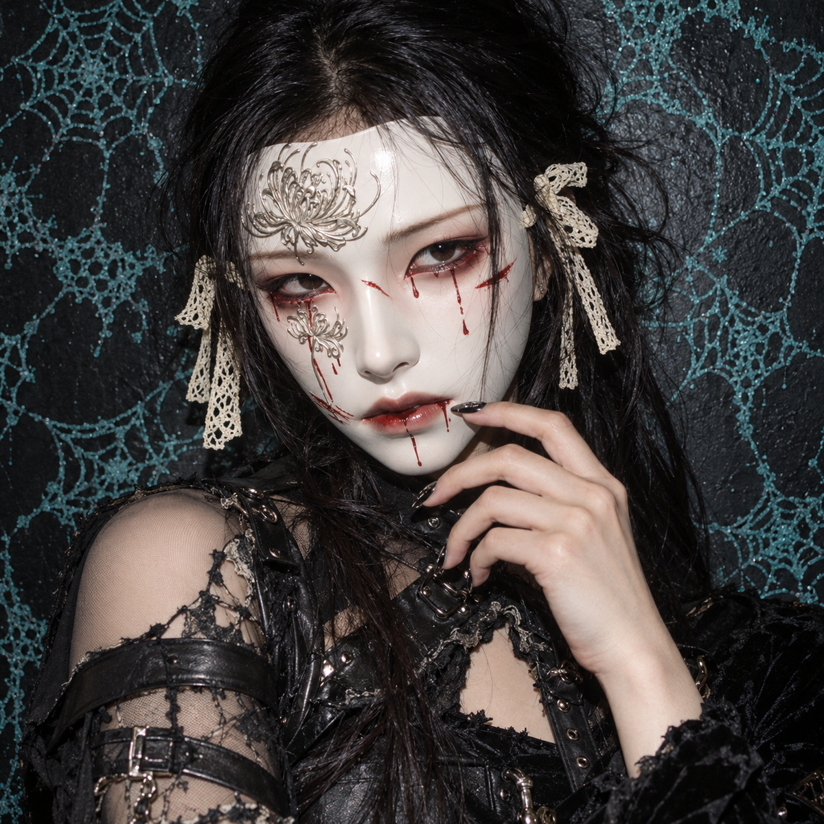 Manjusaka spider lily mask, Gothic blood tear face mask, Chinese inspired full face mask, red spider lily cosplay mask, porcelain Gothic mask, silver flower horror mask, dark fantasy masquerade mask, bloody tear mask cosplay, spider lily Halloween mask, pale full face costume mask, Gothic floral face mask, lace tie masquerade mask, unsettling porcelain mask, fantasy horror face covering