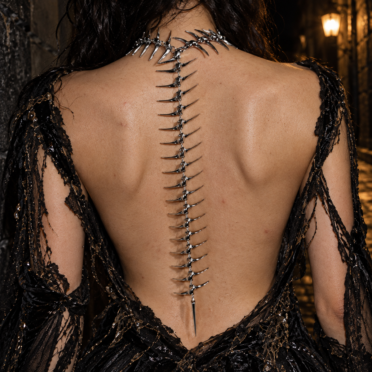 gothic spine necklace, silver vertebrae necklace, spine back jewelry, anatomical body chain, gothic back necklace, skeleton spine jewelry, silver back chain, alternative fashion jewelry, cyber gothic accessories, vertebrae body jewelry, gothic bridal jewelry, open back dress necklace, dark fantasy jewelry, skeletal necklace women, avant garde accessories, punk body jewelry, exposed spine necklace, bone inspired jewelry