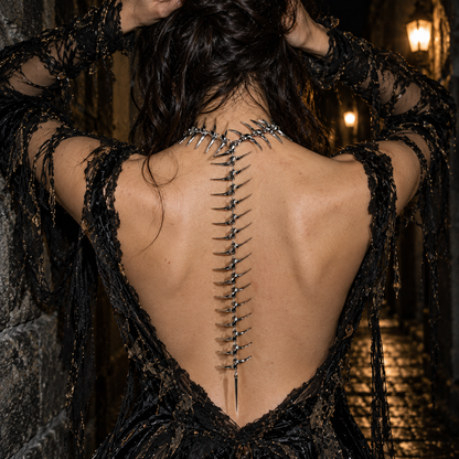 gothic spine necklace, silver vertebrae necklace, spine back jewelry, anatomical body chain, gothic back necklace, skeleton spine jewelry, silver back chain, alternative fashion jewelry, cyber gothic accessories, vertebrae body jewelry, gothic bridal jewelry, open back dress necklace, dark fantasy jewelry, skeletal necklace women, avant garde accessories, punk body jewelry, exposed spine necklace, bone inspired jewelry