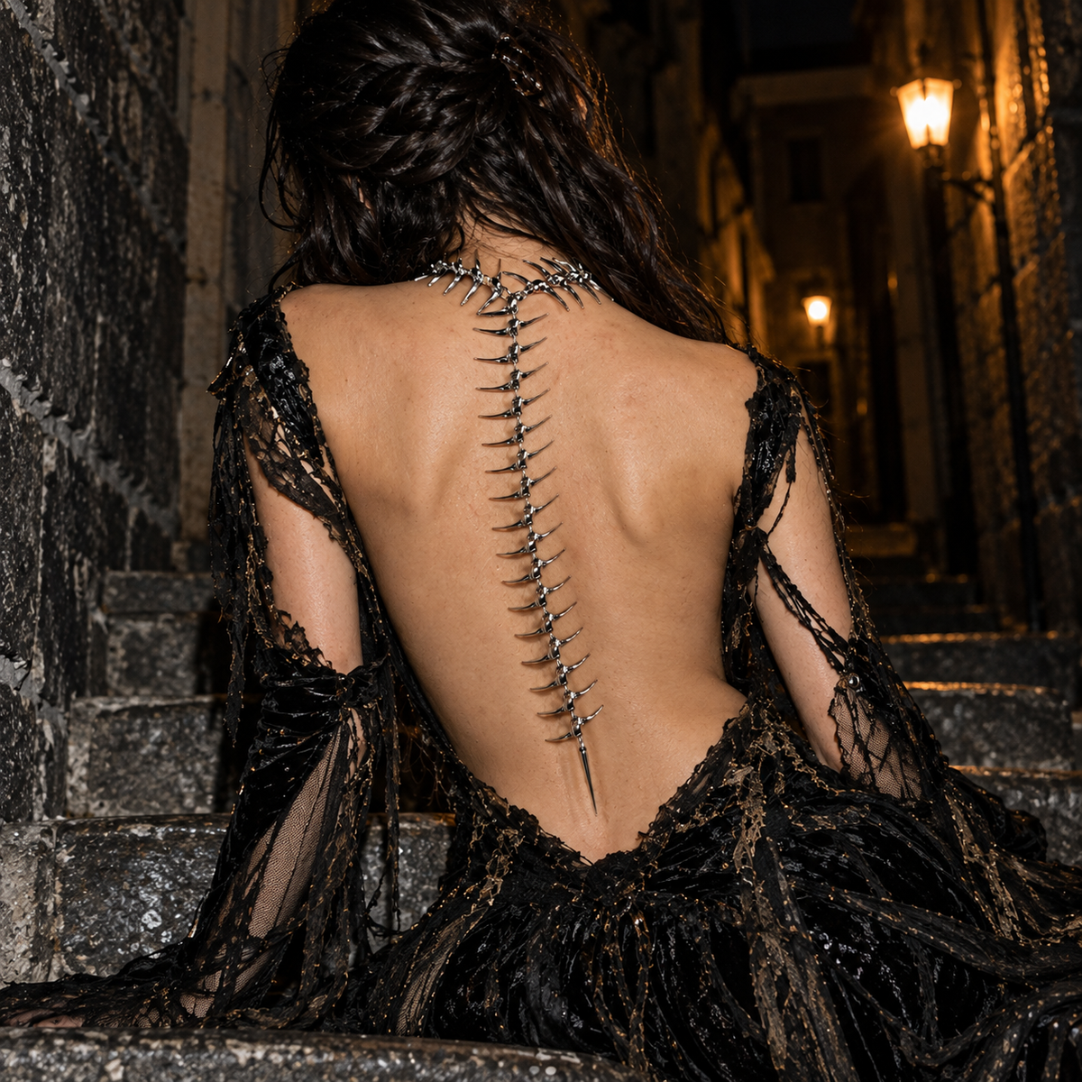 gothic spine necklace, silver vertebrae necklace, spine back jewelry, anatomical body chain, gothic back necklace, skeleton spine jewelry, silver back chain, alternative fashion jewelry, cyber gothic accessories, vertebrae body jewelry, gothic bridal jewelry, open back dress necklace, dark fantasy jewelry, skeletal necklace women, avant garde accessories, punk body jewelry, exposed spine necklace, bone inspired jewelry
