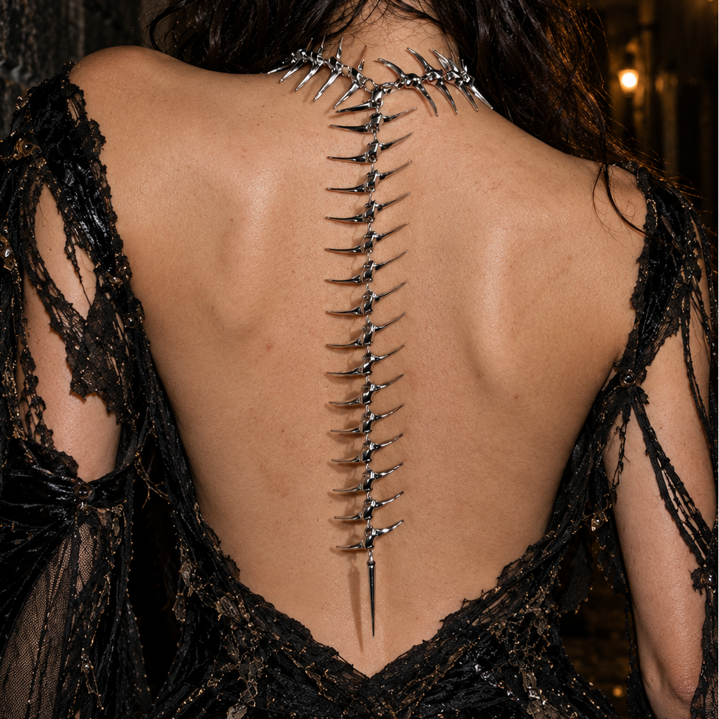 Women's Silver Gothic Metal Spine Back Necklace Body Chain