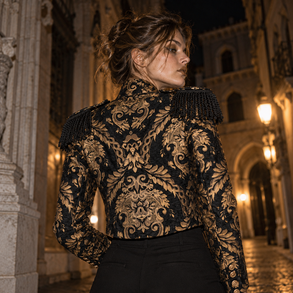 women's gothic military jacket, Victorian military jacket, black gold brocade jacket, steampunk women jacket, gothic officer jacket, cropped military blazer, gold epaulette jacket, black gold damask jacket, women's hussar jacket, Victorian steampunk clothing, alternative fashion jacket, gothic cropped blazer, military fashion women, ornate gold jacket, cosplay military jacket, dark academia jacket, stage fashion jacket, black gold statement jacket