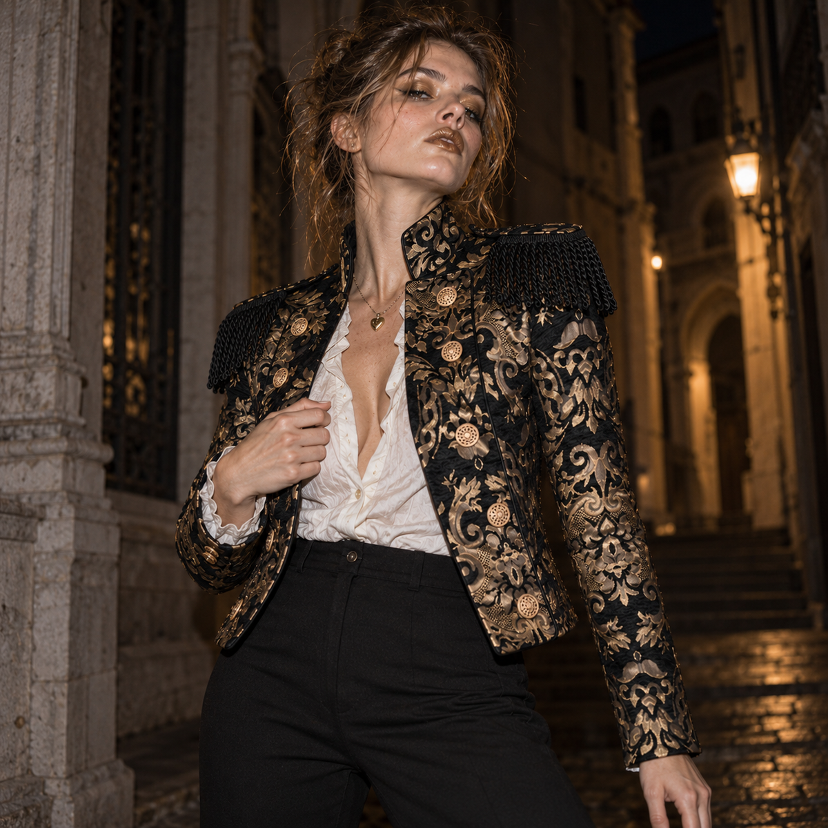 women's gothic military jacket, Victorian military jacket, black gold brocade jacket, steampunk women jacket, gothic officer jacket, cropped military blazer, gold epaulette jacket, black gold damask jacket, women's hussar jacket, Victorian steampunk clothing, alternative fashion jacket, gothic cropped blazer, military fashion women, ornate gold jacket, cosplay military jacket, dark academia jacket, stage fashion jacket, black gold statement jacket