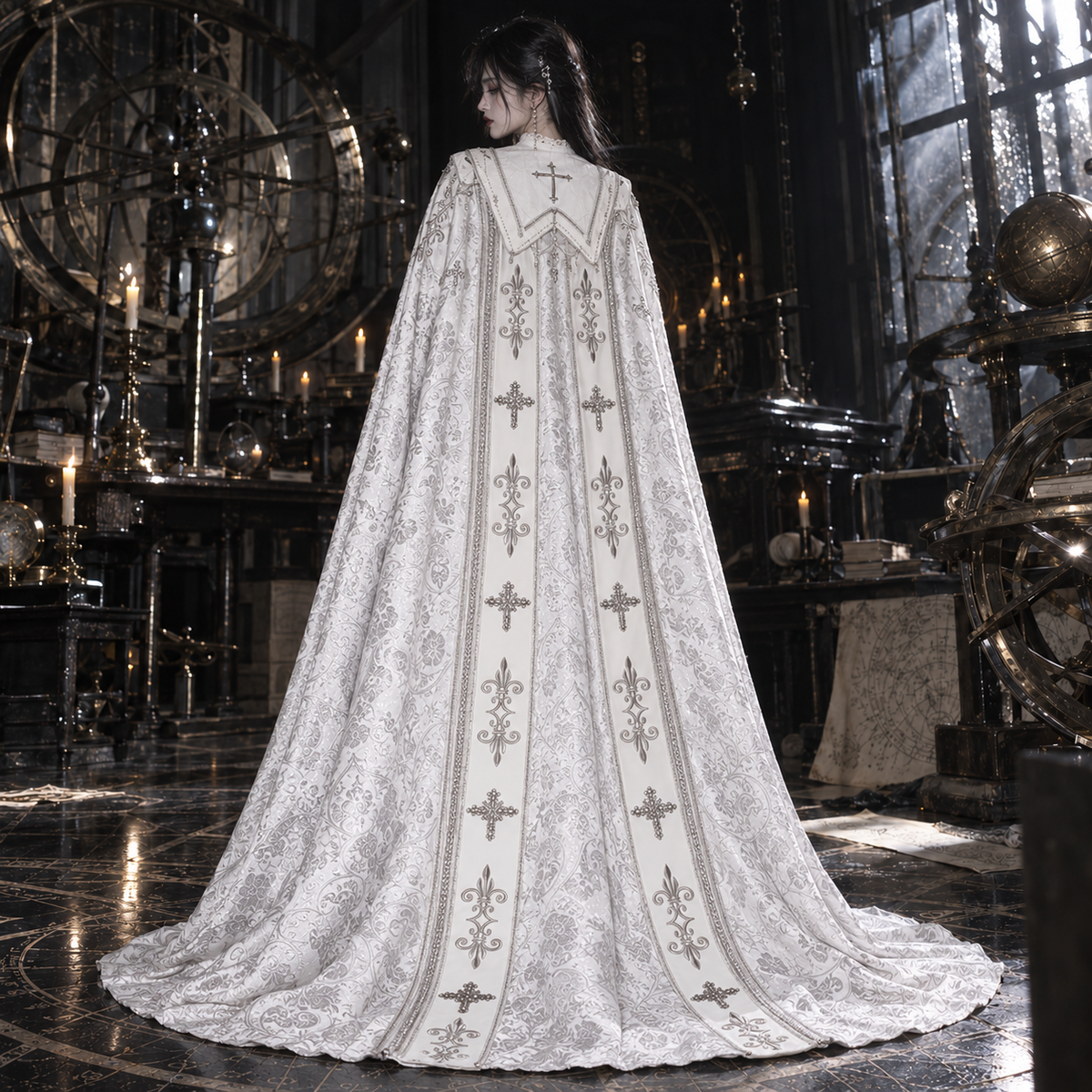 white Gothic Nun Lolita dress, Gothic Nun Lolita dress, nun Lolita dress, Halloween, white Lolita dress, Gothic Lolita dress, Gothic Lolita cloak, nun Lolita cloak, white Gothic cloak, cross embroidery dress, cross embroidered cloak, Gothic cross dress, Gothic Lolita OP, nun style Gothic Lolita, white Gothic dress, Gothic cape women, cross cloak women, Shiro Lolita, Gothic Lolita costume, cathedral Gothic fashion, ecclesiastical Gothic fashion