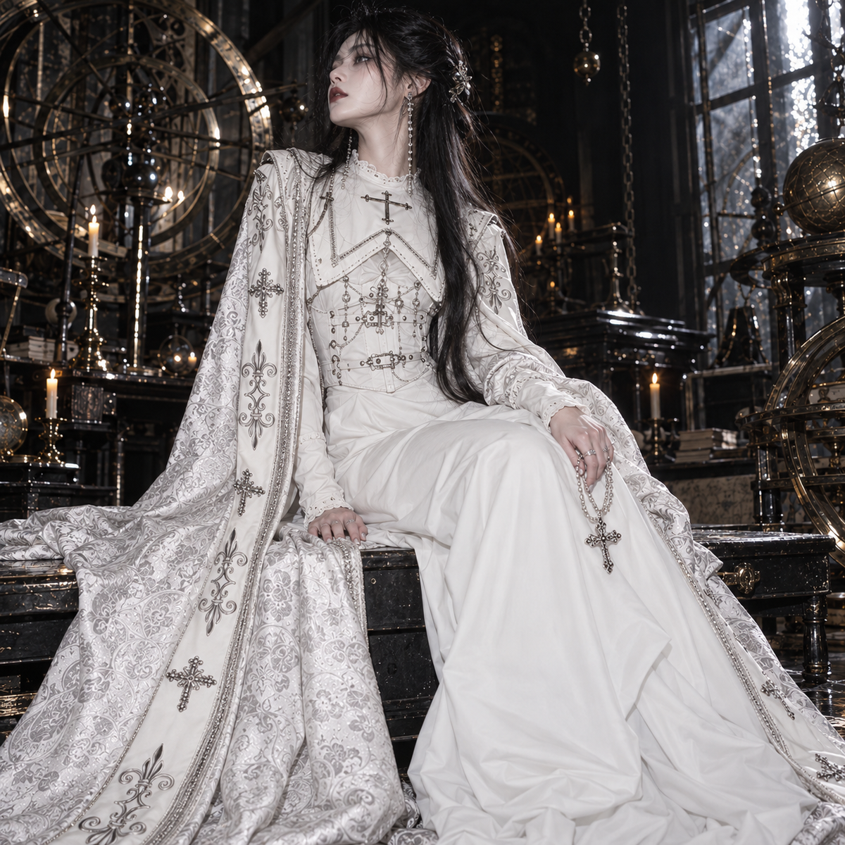white Gothic Nun Lolita dress, Gothic Nun Lolita dress, nun Lolita dress, Halloween, white Lolita dress, Gothic Lolita dress, Gothic Lolita cloak, nun Lolita cloak, white Gothic cloak, cross embroidery dress, cross embroidered cloak, Gothic cross dress, Gothic Lolita OP, nun style Gothic Lolita, white Gothic dress, Gothic cape women, cross cloak women, Shiro Lolita, Gothic Lolita costume, cathedral Gothic fashion, ecclesiastical Gothic fashion