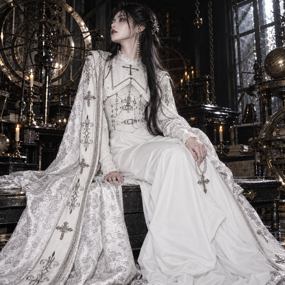 white Gothic Nun Lolita dress, Gothic Nun Lolita dress, nun Lolita dress, Halloween, white Lolita dress, Gothic Lolita dress, Gothic Lolita cloak, nun Lolita cloak, white Gothic cloak, cross embroidery dress, cross embroidered cloak, Gothic cross dress, Gothic Lolita OP, nun style Gothic Lolita, white Gothic dress, Gothic cape women, cross cloak women, Shiro Lolita, Gothic Lolita costume, cathedral Gothic fashion, ecclesiastical Gothic fashion