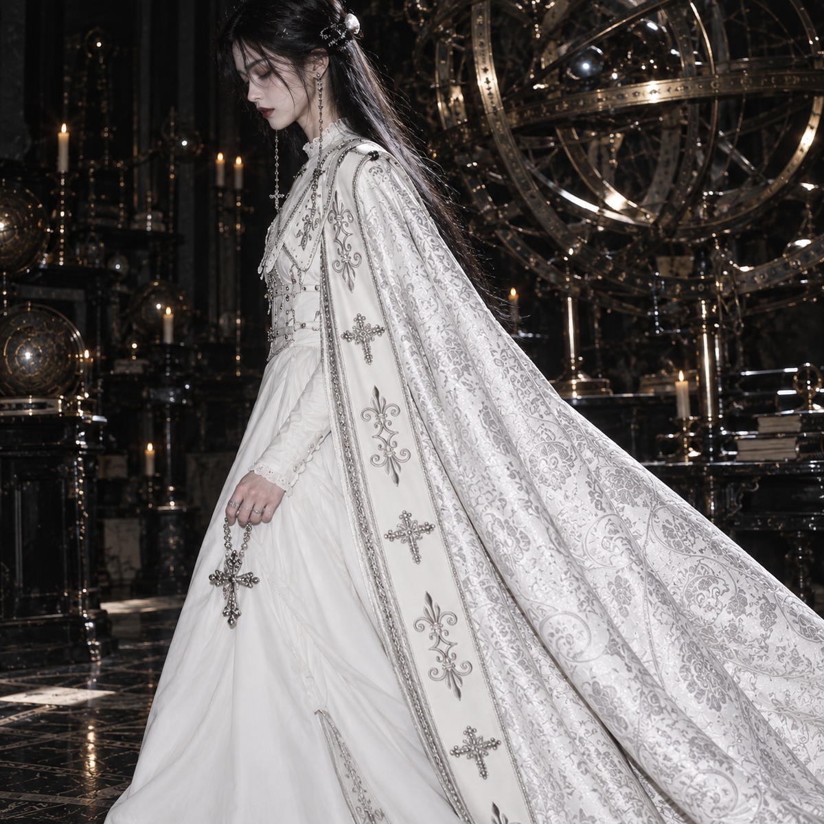 white Gothic Nun Lolita dress, Gothic Nun Lolita dress, nun Lolita dress, Halloween, white Lolita dress, Gothic Lolita dress, Gothic Lolita cloak, nun Lolita cloak, white Gothic cloak, cross embroidery dress, cross embroidered cloak, Gothic cross dress, Gothic Lolita OP, nun style Gothic Lolita, white Gothic dress, Gothic cape women, cross cloak women, Shiro Lolita, Gothic Lolita costume, cathedral Gothic fashion, ecclesiastical Gothic fashion