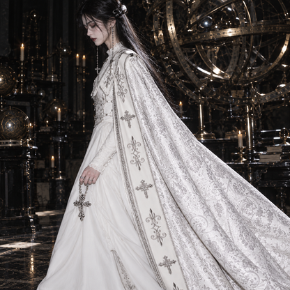 white Gothic Nun Lolita dress, Gothic Nun Lolita dress, nun Lolita dress, Halloween, white Lolita dress, Gothic Lolita dress, Gothic Lolita cloak, nun Lolita cloak, white Gothic cloak, cross embroidery dress, cross embroidered cloak, Gothic cross dress, Gothic Lolita OP, nun style Gothic Lolita, white Gothic dress, Gothic cape women, cross cloak women, Shiro Lolita, Gothic Lolita costume, cathedral Gothic fashion, ecclesiastical Gothic fashion