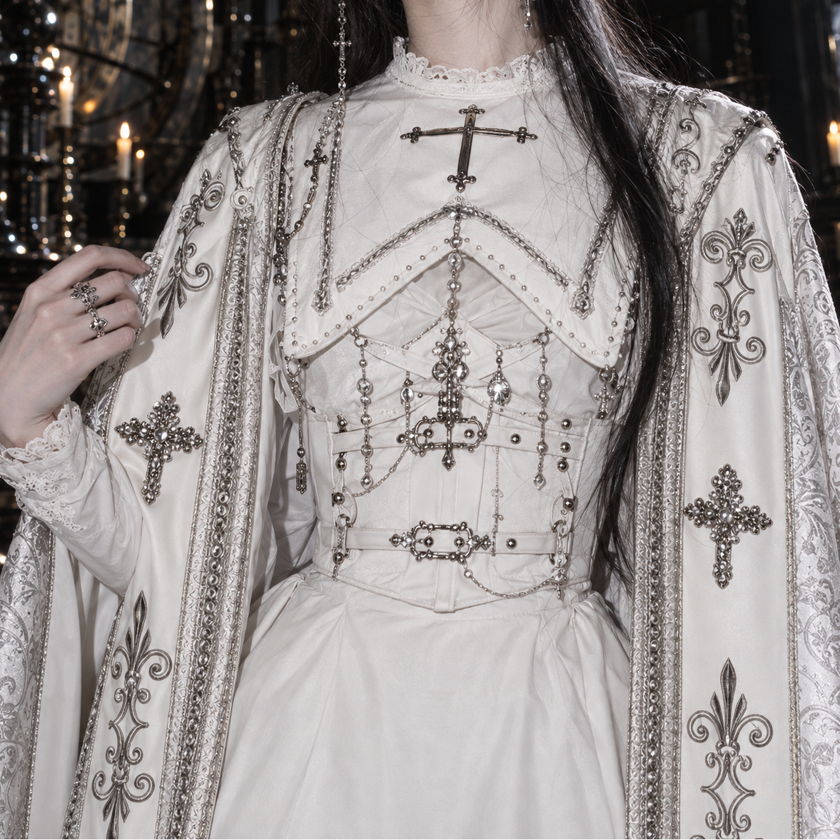 white Gothic Nun Lolita dress, Gothic Nun Lolita dress, nun Lolita dress, Halloween, white Lolita dress, Gothic Lolita dress, Gothic Lolita cloak, nun Lolita cloak, white Gothic cloak, cross embroidery dress, cross embroidered cloak, Gothic cross dress, Gothic Lolita OP, nun style Gothic Lolita, white Gothic dress, Gothic cape women, cross cloak women, Shiro Lolita, Gothic Lolita costume, cathedral Gothic fashion, ecclesiastical Gothic fashion