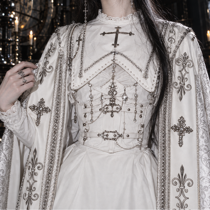 white Gothic Nun Lolita dress, Gothic Nun Lolita dress, nun Lolita dress, Halloween, white Lolita dress, Gothic Lolita dress, Gothic Lolita cloak, nun Lolita cloak, white Gothic cloak, cross embroidery dress, cross embroidered cloak, Gothic cross dress, Gothic Lolita OP, nun style Gothic Lolita, white Gothic dress, Gothic cape women, cross cloak women, Shiro Lolita, Gothic Lolita costume, cathedral Gothic fashion, ecclesiastical Gothic fashion