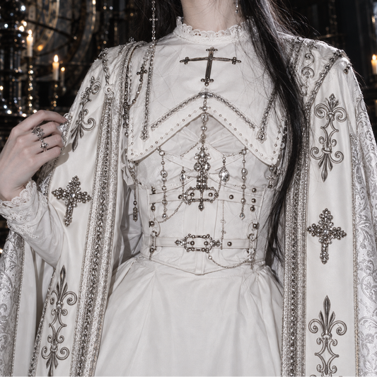 white Gothic Nun Lolita dress, Gothic Nun Lolita dress, nun Lolita dress, Halloween, white Lolita dress, Gothic Lolita dress, Gothic Lolita cloak, nun Lolita cloak, white Gothic cloak, cross embroidery dress, cross embroidered cloak, Gothic cross dress, Gothic Lolita OP, nun style Gothic Lolita, white Gothic dress, Gothic cape women, cross cloak women, Shiro Lolita, Gothic Lolita costume, cathedral Gothic fashion, ecclesiastical Gothic fashion