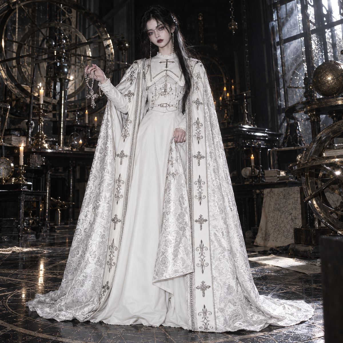 white Gothic Nun Lolita dress, Gothic Nun Lolita dress, nun Lolita dress, Halloween, white Lolita dress, Gothic Lolita dress, Gothic Lolita cloak, nun Lolita cloak, white Gothic cloak, cross embroidery dress, cross embroidered cloak, Gothic cross dress, Gothic Lolita OP, nun style Gothic Lolita, white Gothic dress, Gothic cape women, cross cloak women, Shiro Lolita, Gothic Lolita costume, cathedral Gothic fashion, ecclesiastical Gothic fashion