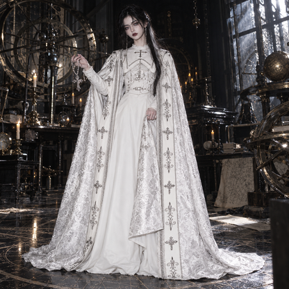 white Gothic Nun Lolita dress, Gothic Nun Lolita dress, nun Lolita dress, Halloween, white Lolita dress, Gothic Lolita dress, Gothic Lolita cloak, nun Lolita cloak, white Gothic cloak, cross embroidery dress, cross embroidered cloak, Gothic cross dress, Gothic Lolita OP, nun style Gothic Lolita, white Gothic dress, Gothic cape women, cross cloak women, Shiro Lolita, Gothic Lolita costume, cathedral Gothic fashion, ecclesiastical Gothic fashion