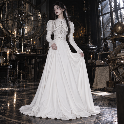 white Gothic Nun Lolita dress, Gothic Nun Lolita dress, nun Lolita dress, Halloween, white Lolita dress, Gothic Lolita dress, Gothic Lolita cloak, nun Lolita cloak, white Gothic cloak, cross embroidery dress, cross embroidered cloak, Gothic cross dress, Gothic Lolita OP, nun style Gothic Lolita, white Gothic dress, Gothic cape women, cross cloak women, Shiro Lolita, Gothic Lolita costume, cathedral Gothic fashion, ecclesiastical Gothic fashion