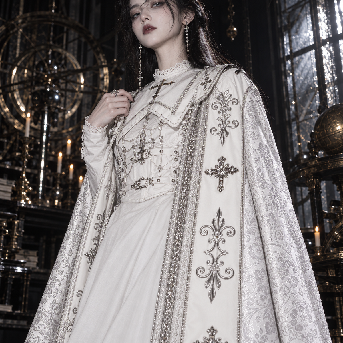 white Gothic Nun Lolita dress, Gothic Nun Lolita dress, nun Lolita dress, Halloween, white Lolita dress, Gothic Lolita dress, Gothic Lolita cloak, nun Lolita cloak, white Gothic cloak, cross embroidery dress, cross embroidered cloak, Gothic cross dress, Gothic Lolita OP, nun style Gothic Lolita, white Gothic dress, Gothic cape women, cross cloak women, Shiro Lolita, Gothic Lolita costume, cathedral Gothic fashion, ecclesiastical Gothic fashion