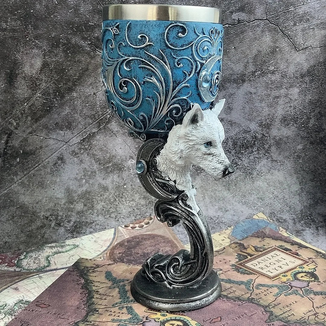 Medieval Stainless Steel Baroque Style Fantasy Animal Wine Goblets (200ml) - Lovez Aqua© - White Wolf