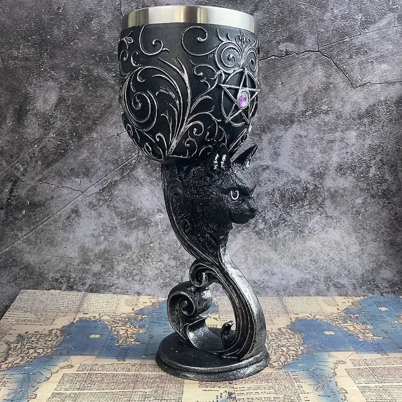 Medieval Stainless Steel Baroque Style Fantasy Animal Wine Goblets (200ml) - Lovez Aqua© - Black Cat