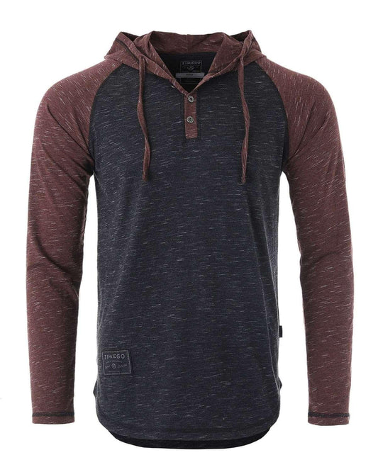Men's Long Sleeve Black & Maroon Raglan Henley Round Bottom Hoodie - Lovez Aqua© - Small / BLACK / MAROON