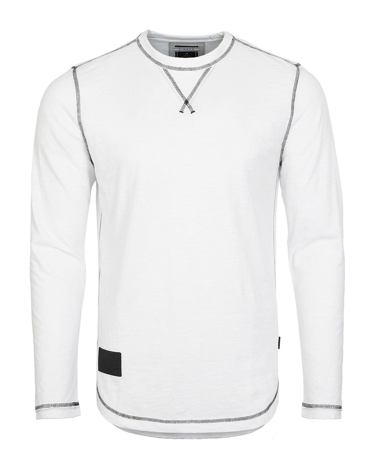 Men's Long Sleeve Crew Neck Vintage Wash Shirt With Curved Bottom Hem - Lovez Aqua© - White / Small