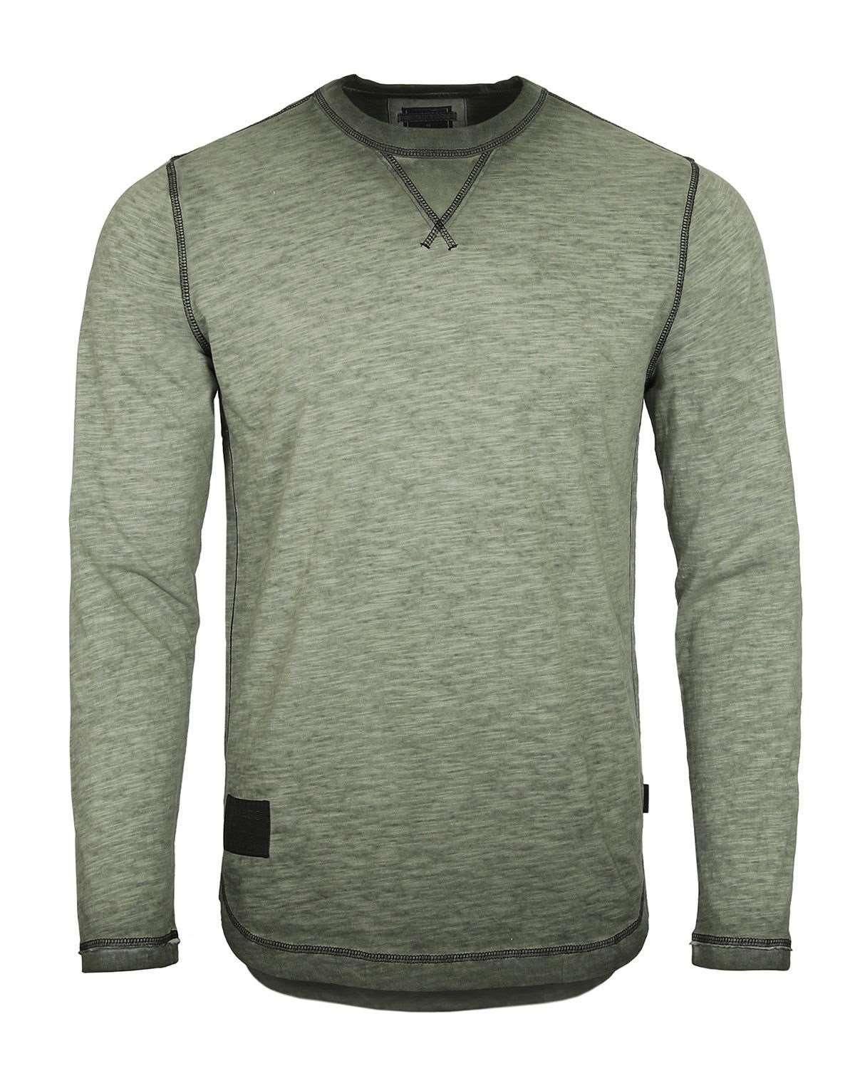 Men's Long Sleeve Crew Neck Vintage Wash Shirt With Curved Bottom Hem - Lovez Aqua© - Military Green / Small