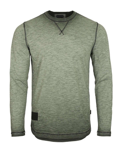 Men's Long Sleeve Crew Neck Vintage Wash Shirt With Curved Bottom Hem - Lovez Aqua© - Military Green / Small