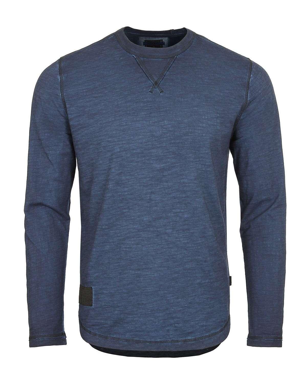 Men's Long Sleeve Crew Neck Vintage Wash Shirt With Curved Bottom Hem - Lovez Aqua© - Navy / Small