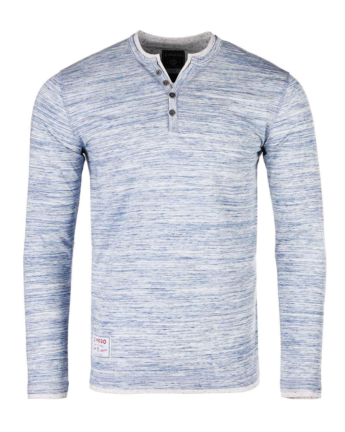 Men's Long Sleeve Double Layered Y-Neck Blue & White Striped Henley Shirt - Lovez Aqua© - 