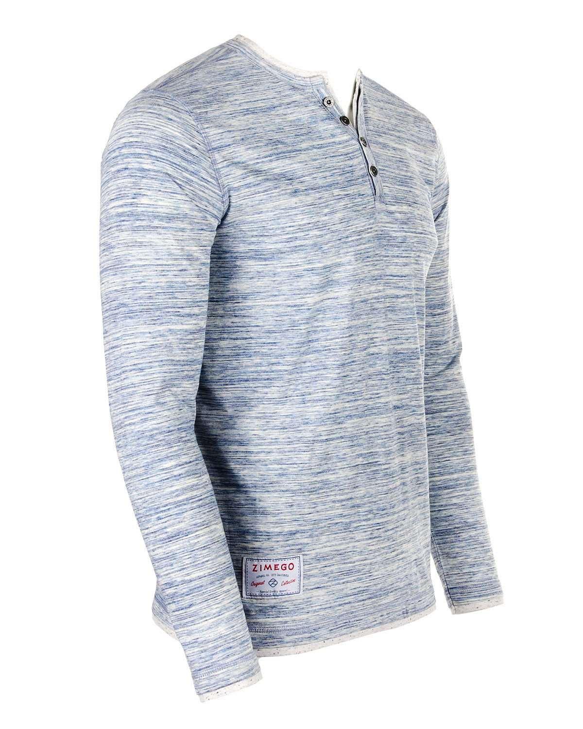 Men's Long Sleeve Double Layered Y-Neck Blue & White Striped Henley Shirt - Lovez Aqua© - 