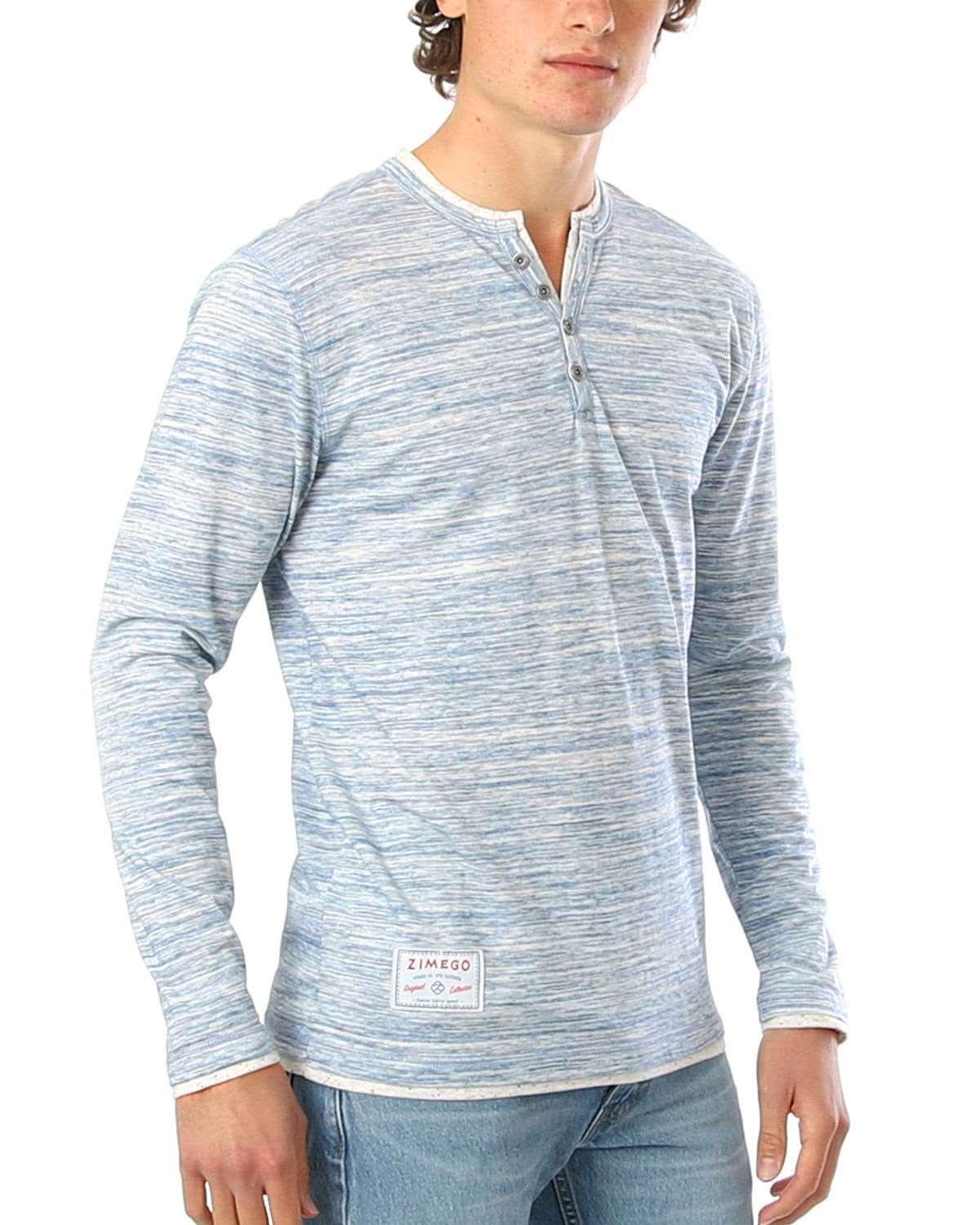 Men's Long Sleeve Double Layered Y-Neck Blue & White Striped Henley Shirt - Lovez Aqua© - Small