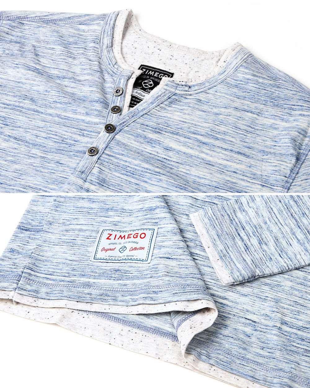 Men's Long Sleeve Double Layered Y-Neck Blue & White Striped Henley Shirt - Lovez Aqua© - 